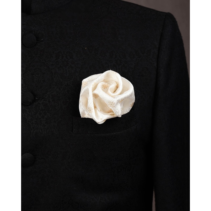 White Banarasi Geometric Grids Tanchoi Brocade Handwoven Silk Pocket Square with Zari Accents
