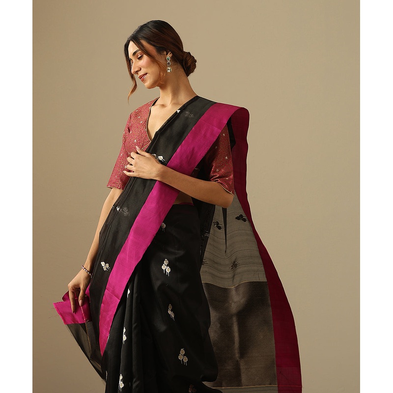 Black Handloom Pure Silk Chanderi Saree With Floral Buds And Pink Border
