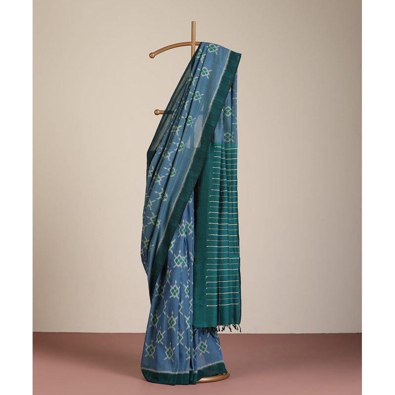 Blue Handloom Cotton Tortoise Motif Ikat Saree