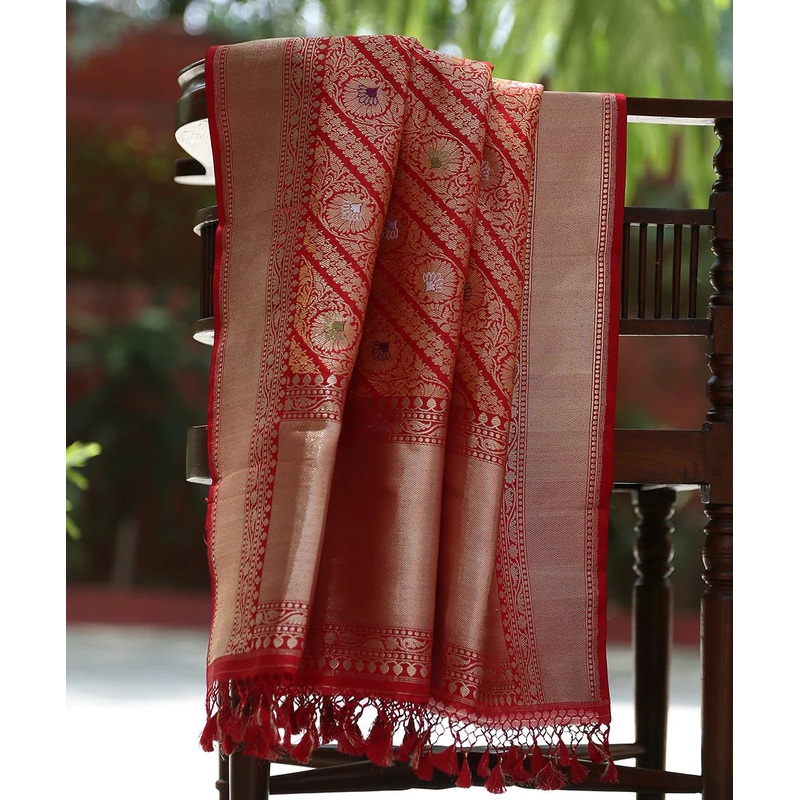 Handloom Red Banarasi Kimkhab Dupatta with Aada Bel