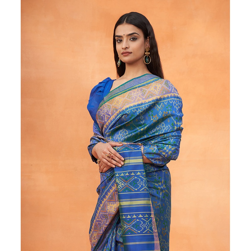 Peacock Blue Dual Tone Handloom Pure Mulberry Silk Ikat Patola Saree With Tissue Border
