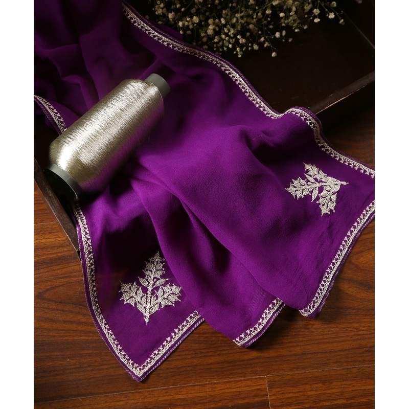 Purple Pure Silk Kashmiri Tilla Hand Embroidered Dupatta With Konia
