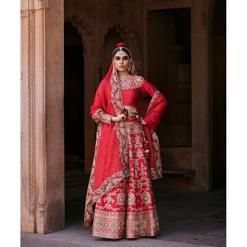 Red Hand Embroidered Brocade Banarasi Lehenga With Blouse And Pure Handloom Organza Dupatta