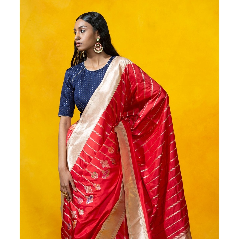 Red Handloom Kadhwa Stripes Pure Katan Silk Banarasi Saree With Meenakari Booti