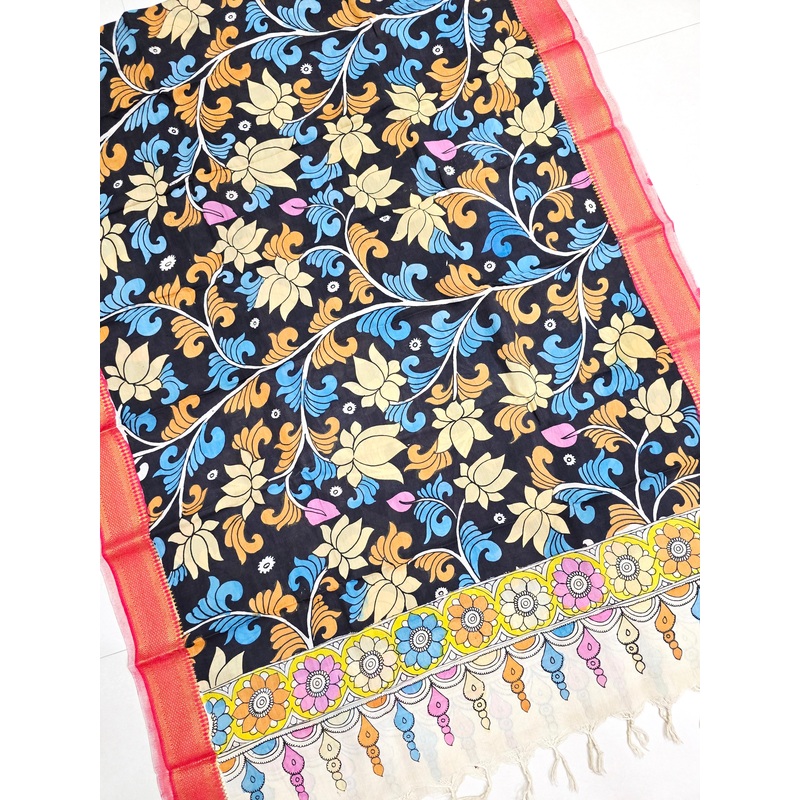 BLACK - SRIKALAHASTI HANDPAINTED KALAMKARI PURE CHENNURI SILK DUPATTA 16