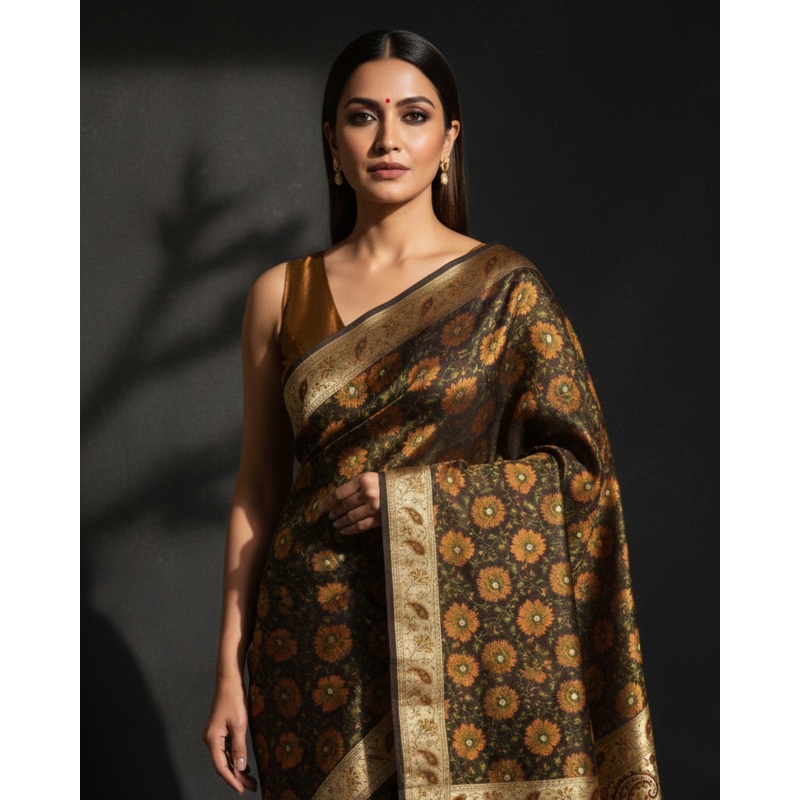 Black Tehra Floral Jaal Satin Jamawar Tanchoi Brocade Handwoven Katan Silk Banarasi Saree with Gold Zari Border Pallu