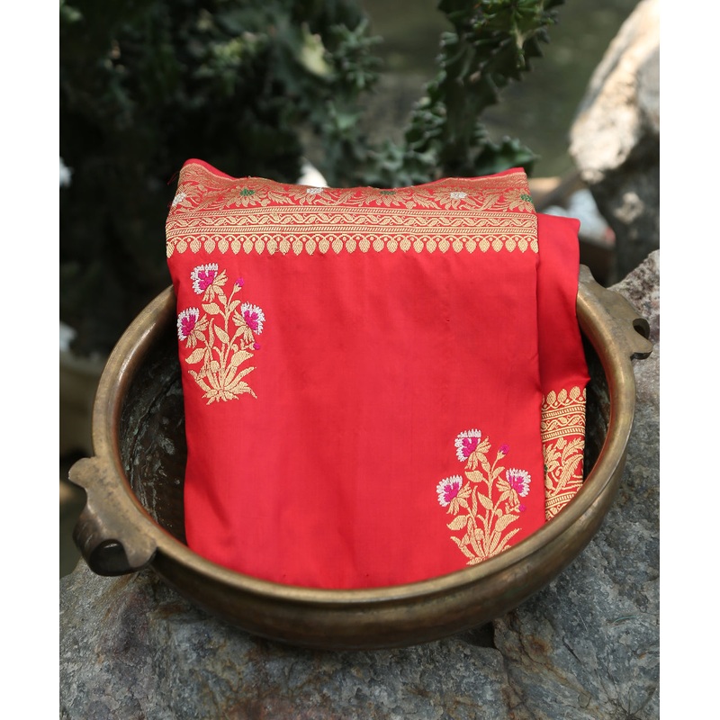 Handloom Pink And Red Dual Tone Kadhwa Mughal Boota Banarasi Dupatta