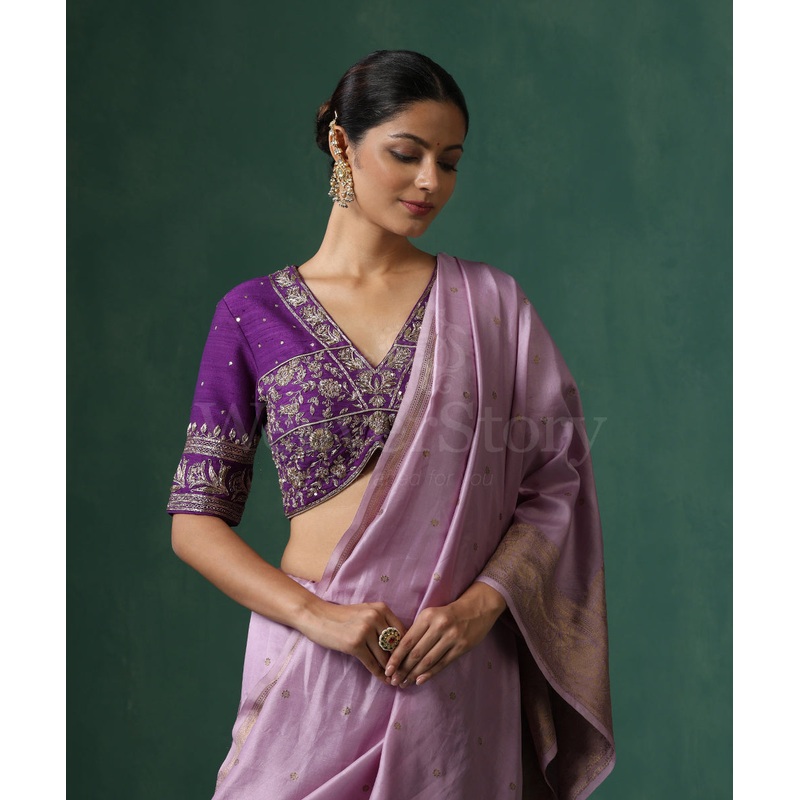 Purple Choli Cut Raw Silk Blouse With Hand Embroidered Zardozi