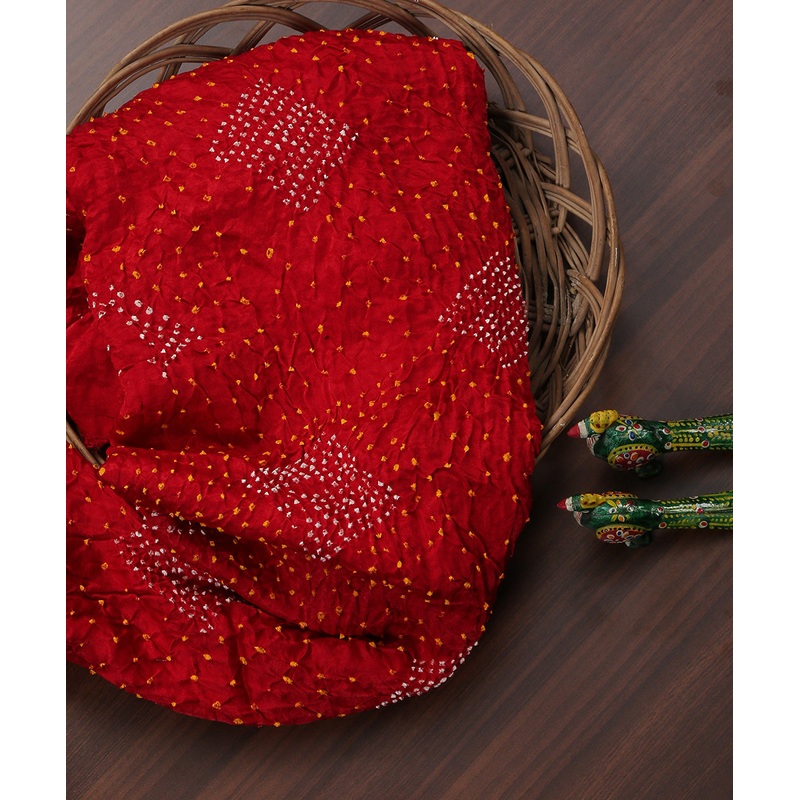 Red Handloom Gajji Silk Banarasi Bandhej Fabric