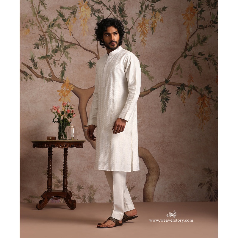 White Handloom Cotton Silk Kurta With Pintuck Detailing With Pant