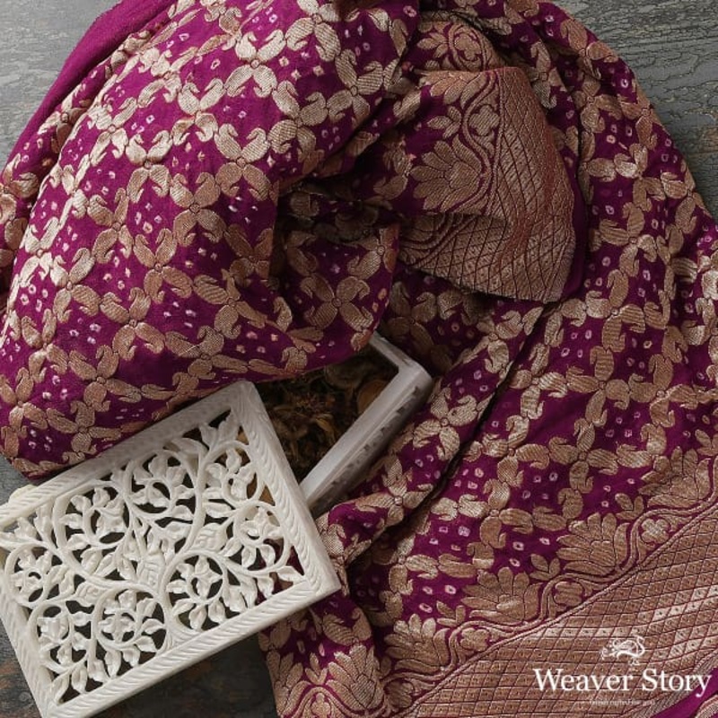 Handwoven Wine Banarasi Bandhej Dupatta