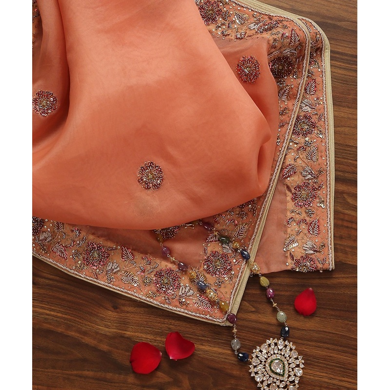 Peach Handloom Organza Dupatta with Floral Hand Embroidery Zardozi Border