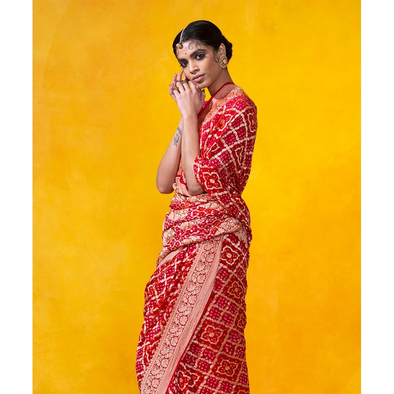 Red Handloom Georgette Banarasi Bandhej Saree With Cutwork Weave