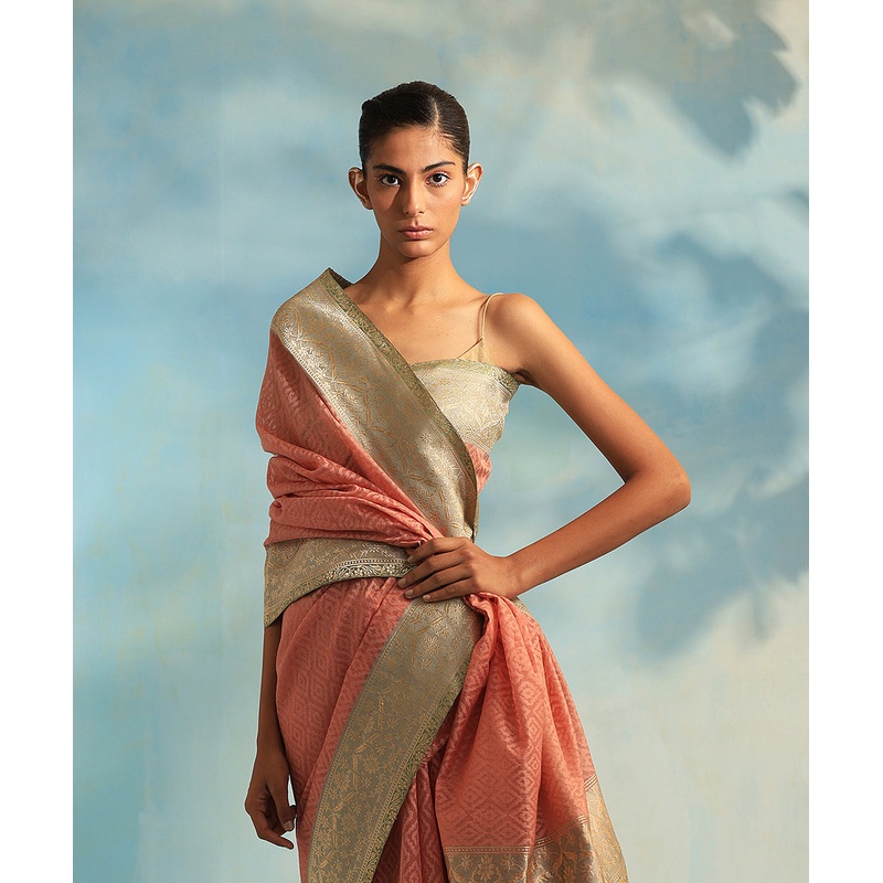 Salmon Pink Handloom Pure Kora Tissue Banarasi Saree With All Over Thread Work