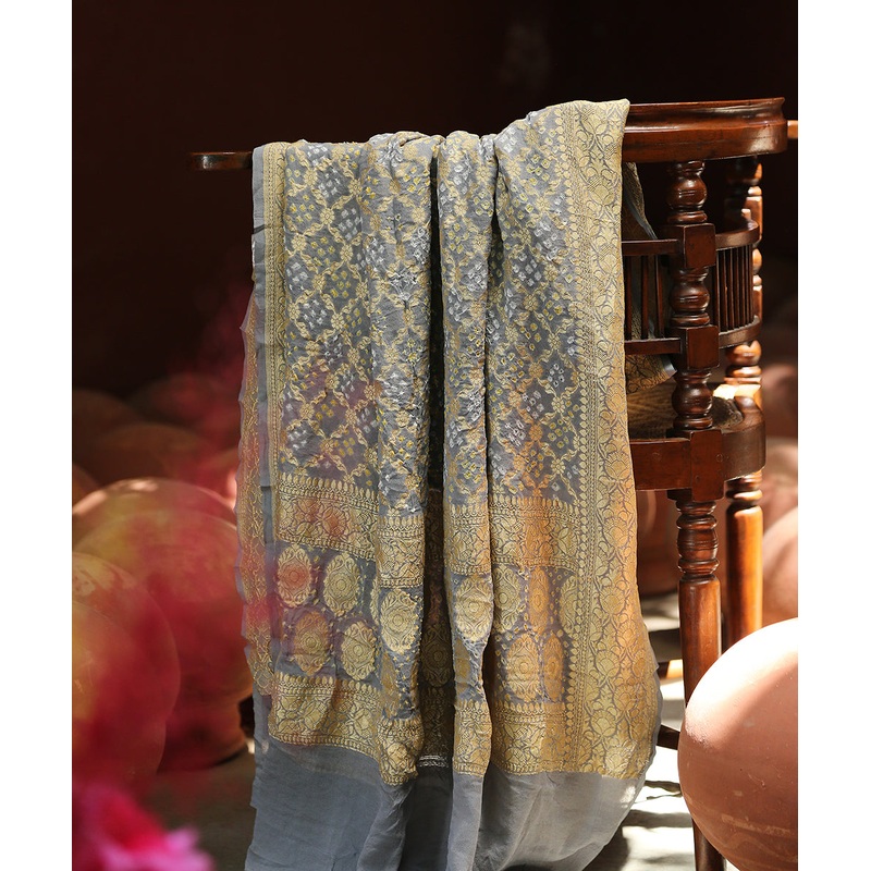 Handloom Grey Georgette Banarasi Bandhej Dupatta With Zari Border