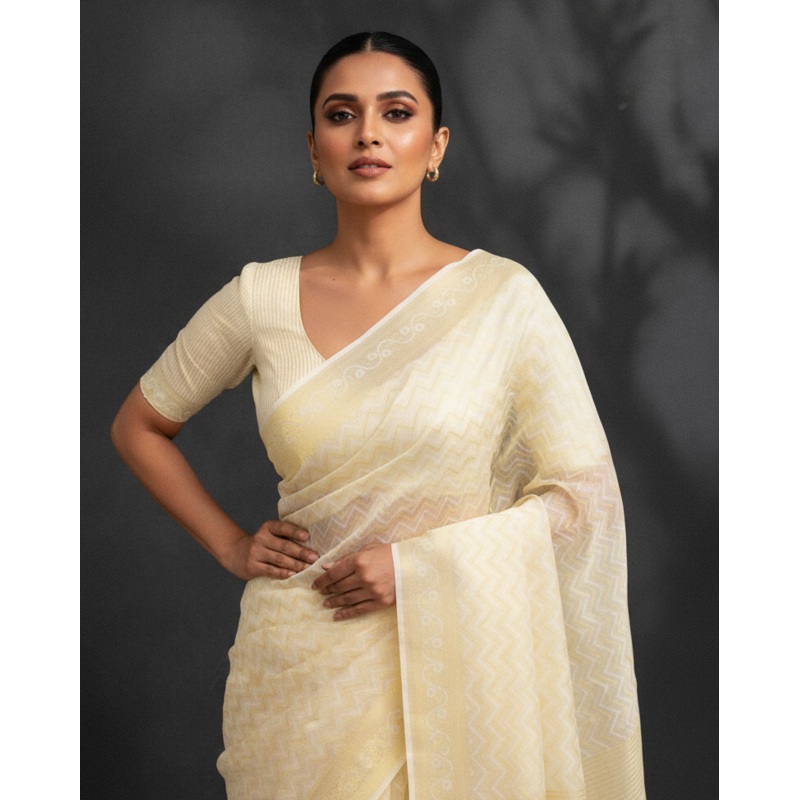 White Gold Zari And resham Chevron Cutwork Brocade Woven Art Cotton Silk Banarasi Saree
