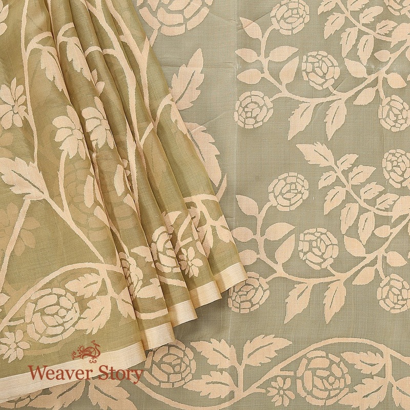 Handwoven Pistachio Green Muslin Jamdani Saree with Floral Pattern Woven All Over