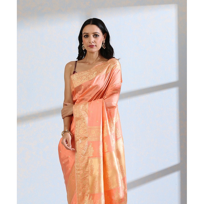 Peach Handloom Pure Katan Silk Resham Booti Banarasi Saree
