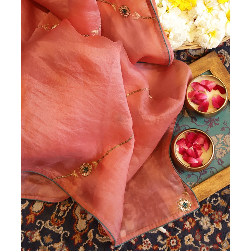 Peach Handloom Zardozi Embroidered Organza Dupatta With Aadi Lines
