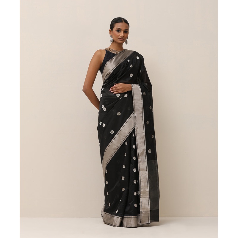 Black Handloom Pure Silk Chanderi Saree With Chand Boota