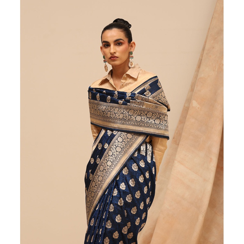 Dark Blue Handloom Pure Satin Silk Tanchoi Banarasi Saree With Zari Motifs