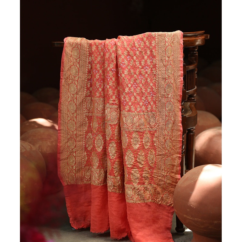 Handloom Orange Georgette Banarasi Bandhej Dupatta With Cutwork Jaal