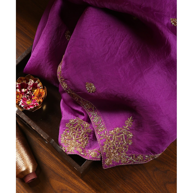 Purple Handloom Organza Dupatta With Hand Embroidered Zardozi Work