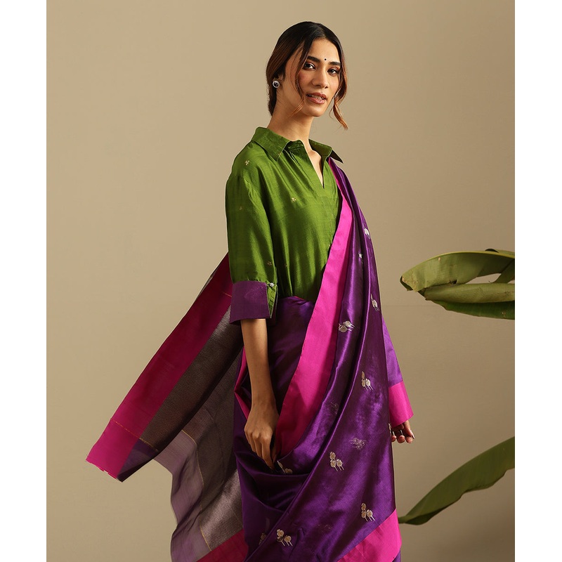 Purple Handloom Pure Silk Chanderi Saree With Floral Buds And Pink Border