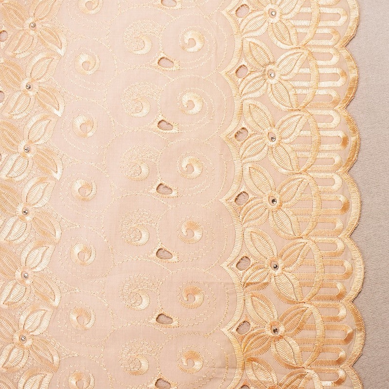 Beige Poly-Cotton Embroidered Floral Scallop Rhinestone Woven Fabric