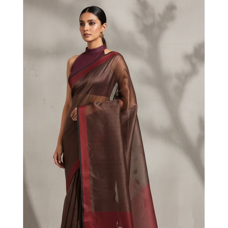 Chocolate Brown WATERMARK Illusion Waves Handwoven Handwoven Kora Silk Banarasi Saree