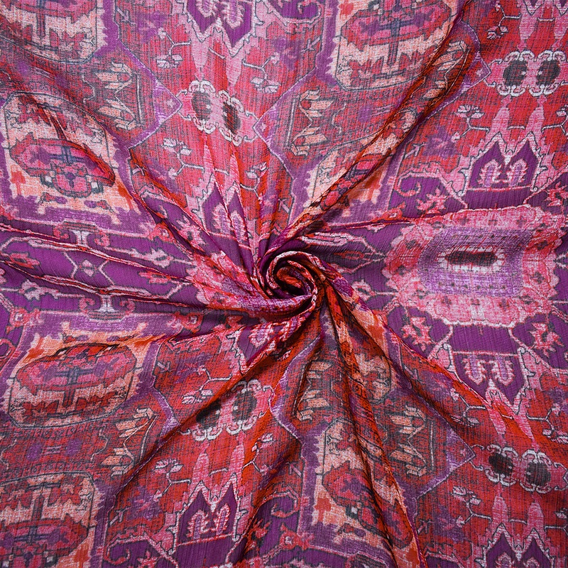 Purple-Red-Multi Poly Aztec Printed Crinkle Yoryu Chiffon Woven Fabric