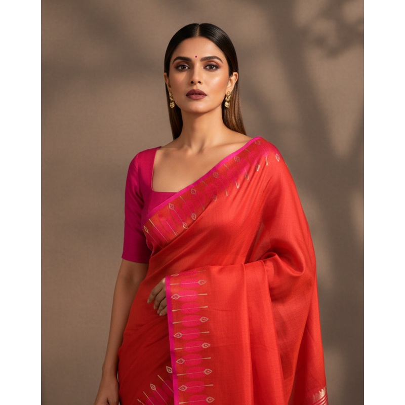 Red Banarasi Fuchsia Pink Feather Border Kadhuan Brocade Handwoven Kora Silk Saree