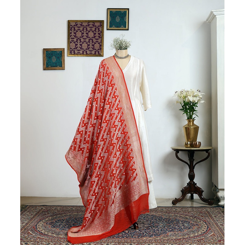 Red Handloom Pure Banarasi Georgette Dupatta With Chevron Motif
