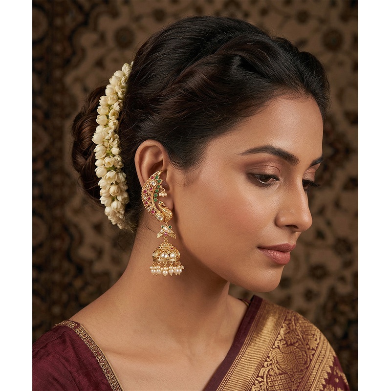 Sana Handcrafted Gold Plated Jhumki Earrings With Peacock Motifs And Semi Precious Stones And Pearls
