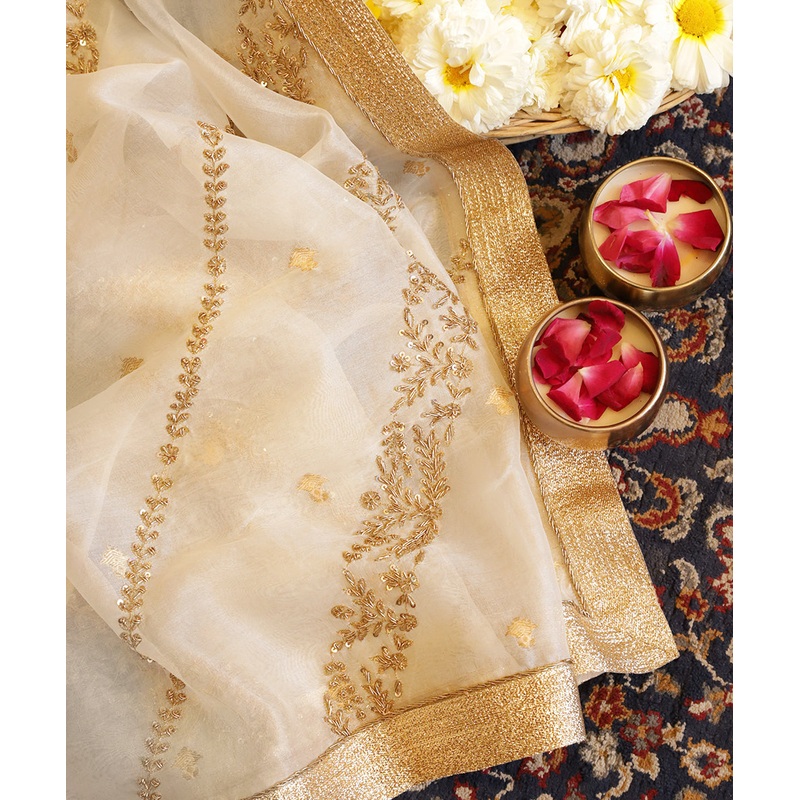 White Handloom Organza Dupatta With Zardozi Hand Embroidery