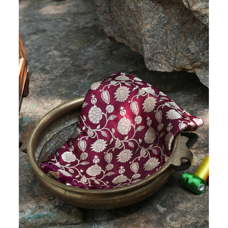 Wine Handloom Pure Katan Silk Banarasi Dupatta With Jaal