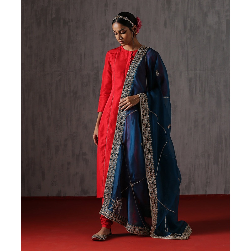 Hand Embroidered Peacock Blue Organza Dupatta With Barfi Design