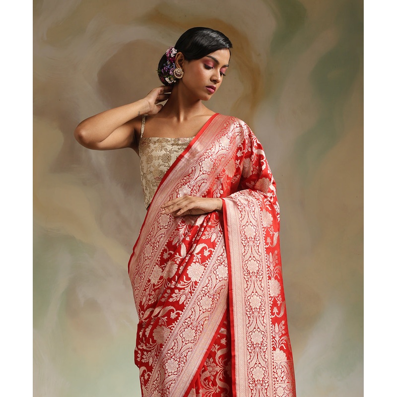 Red Handloom Pure Katan Silk Banarasi Saree With All Over Gold Zari Cutwork Jaal