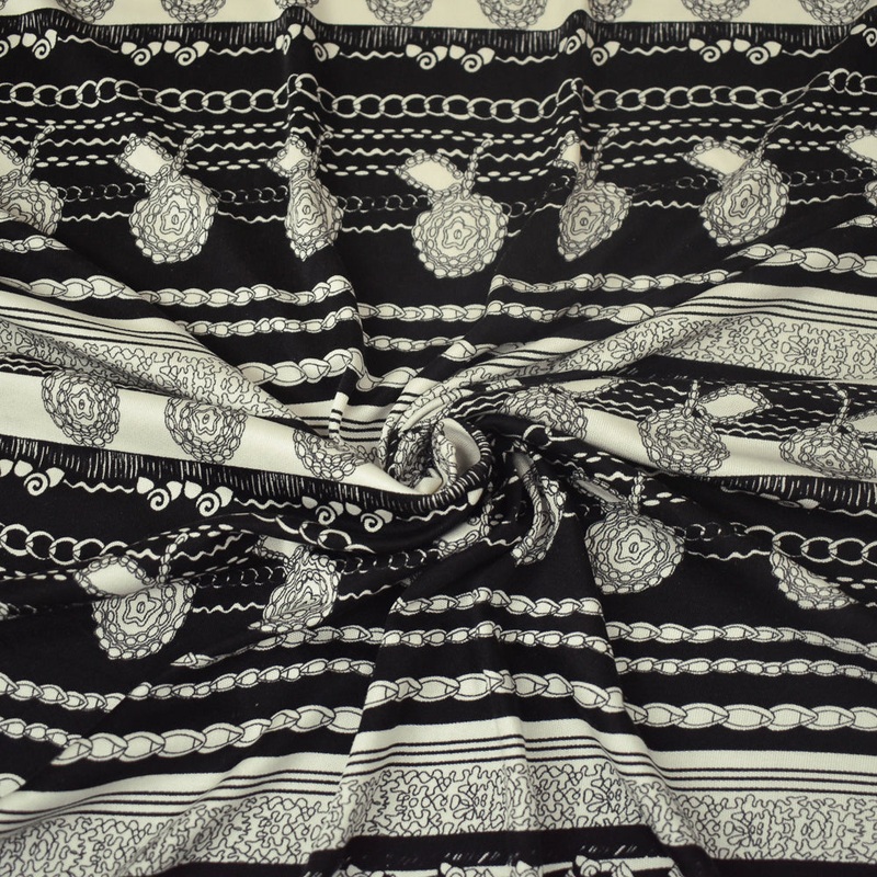 Black-Off White Striped Abstract Chain Floral Print Silk Jersey Knit Fabric