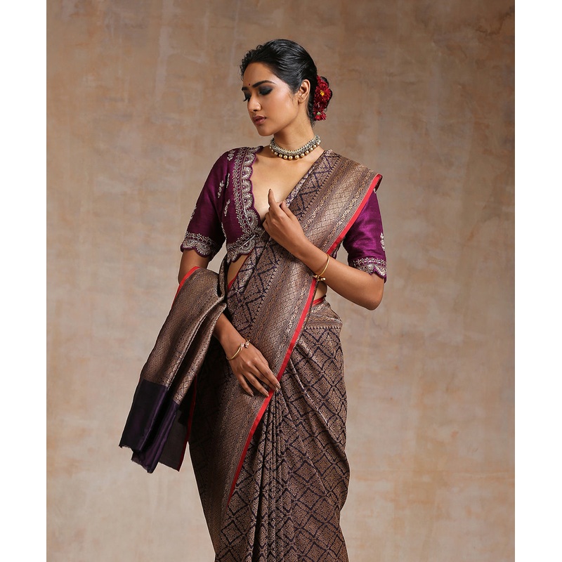 Dark Purple Handloom Pure Katan Silk Kimkhab Banarasi Saree With Antique Zari