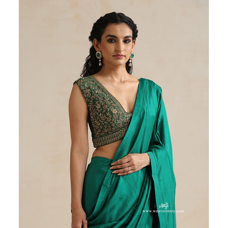 Deep Green Raw Silk Sleveless Blouse With Hand Embroidered Zardozi Work