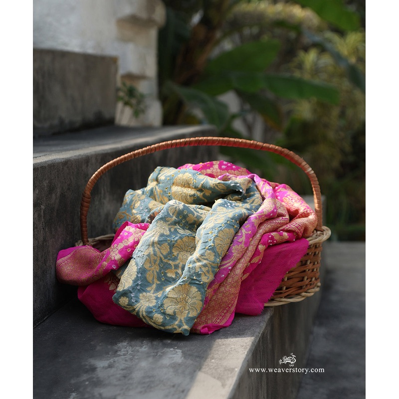 Grey And Pink Ombre Dyed Handloom Pure Georgette Banarasi Bandhej Dupatta