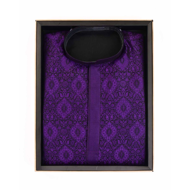 Purple Damask Tanchoi Handwoven Silk Mens Kurta Pyjama