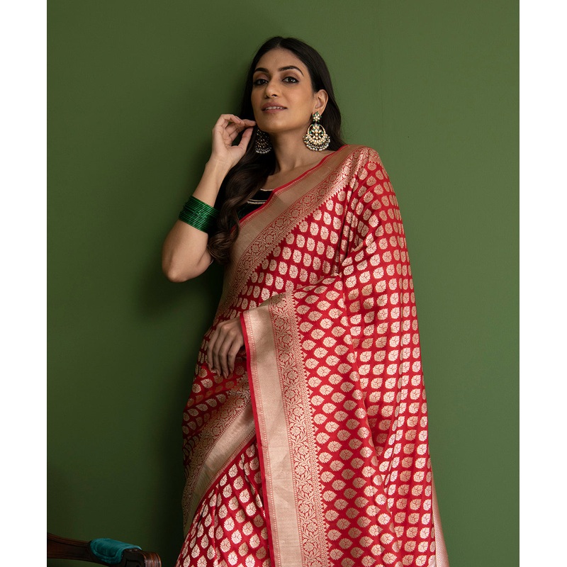 Red Handloom Pure Katan Silk Banarasi Saree with Small Mughal Booti