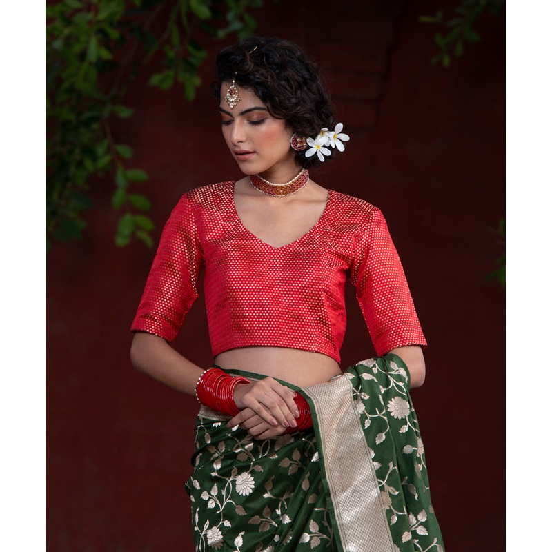 Red Handloom Satin Banarasi Blouse With Zari Booti
