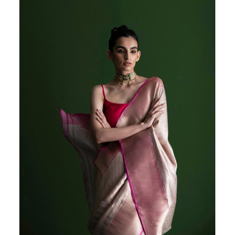 Soft Pink Handloom Pure Katan Silk Kimkhab Banarasi Saree with Aada Jaal