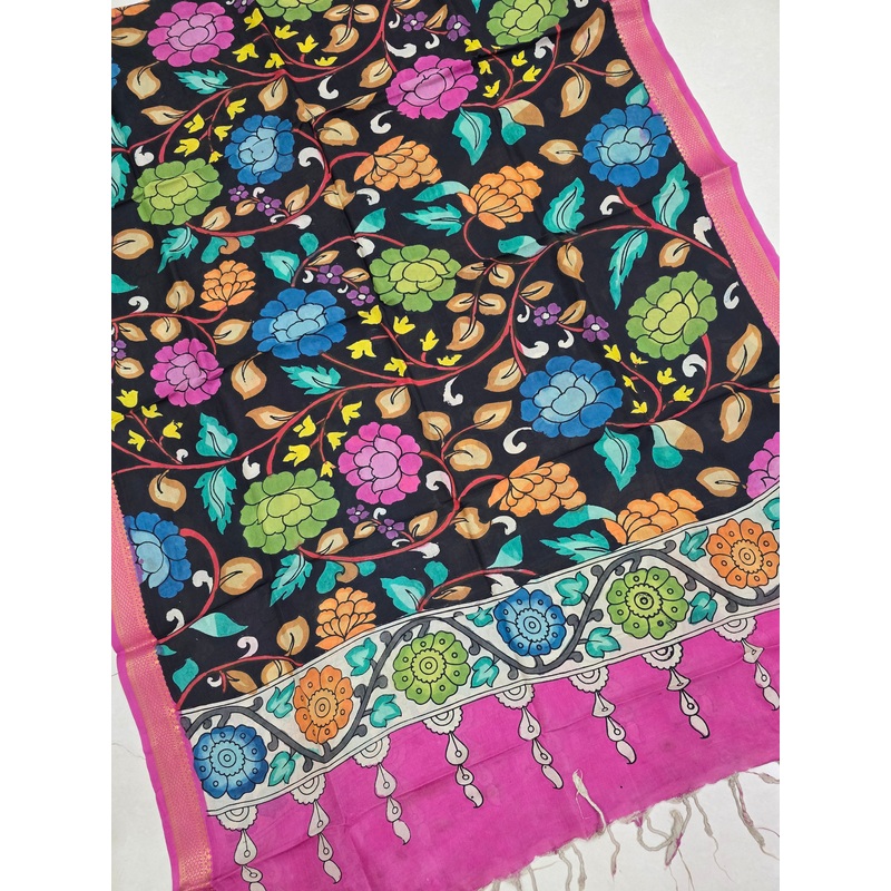 BLACK - SRIKALAHASTI HANDPAINTED KALAMKARI PURE CHENNURI SILK DUPATTA 01