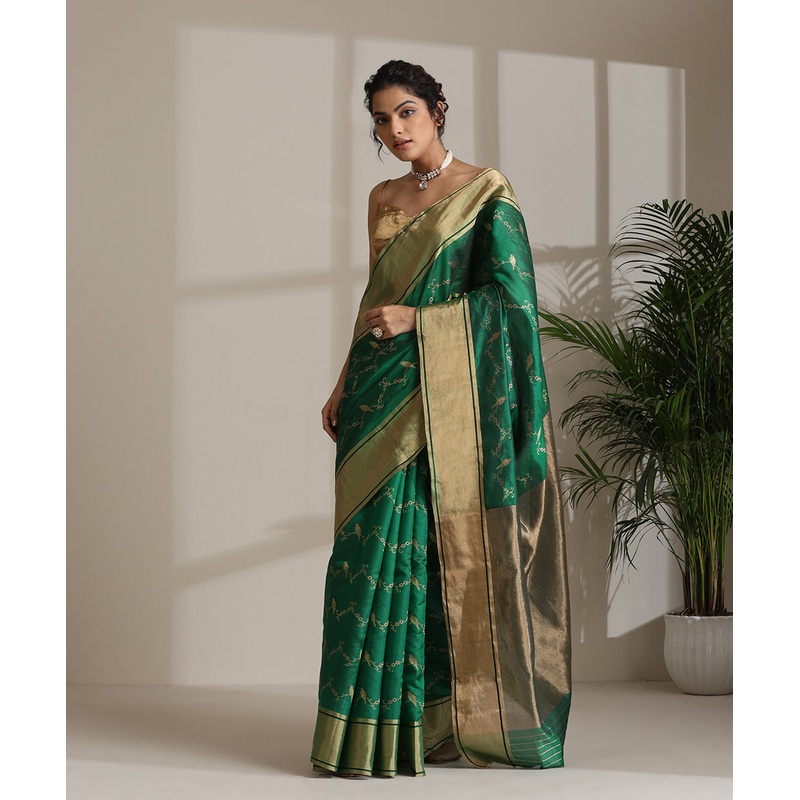 Emerald Green Handloom Pure Silk Chanderi Saree With Birds On Branches