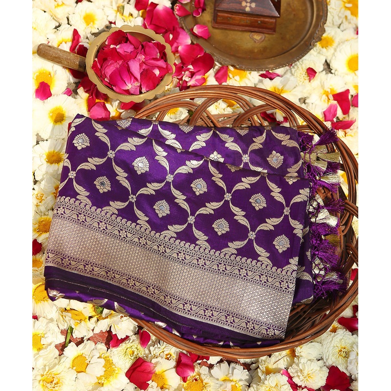 Purple Handloom Pure Katan Silk Banarasi Dupatta with Cutwork Jaal