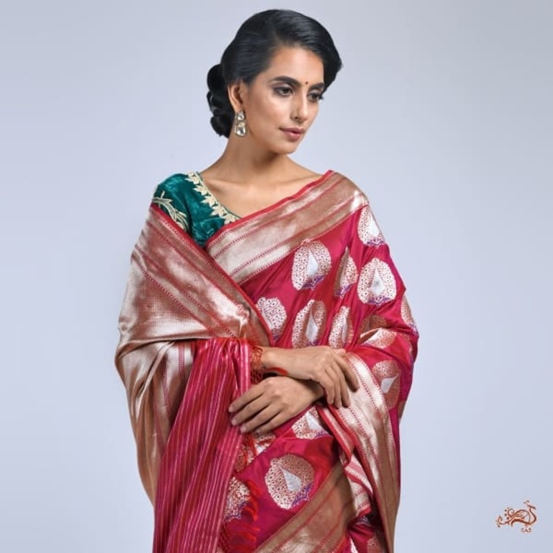 Wine Banarasi handloom Katan Silk Saree with heavy gold Zari and Meenakari Motifs